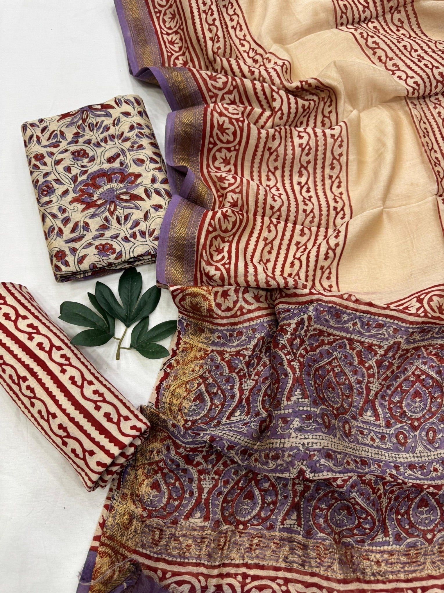 Handcrafted Maheshwari Silk Cream Purple Floral Jaal Dress Material – Artisan silk fabric for boutique and bulk orders